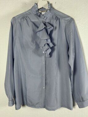 Vintage Kaki Roberts Womens Button Down Ruffled Blouse 16 Blue Long Sleeve NWOT